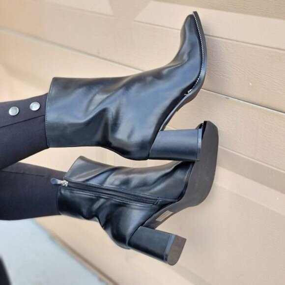 Black High Chunky Heeled Boots Zip Up Square Toe Ankle Booties - Picture 3 of 6
